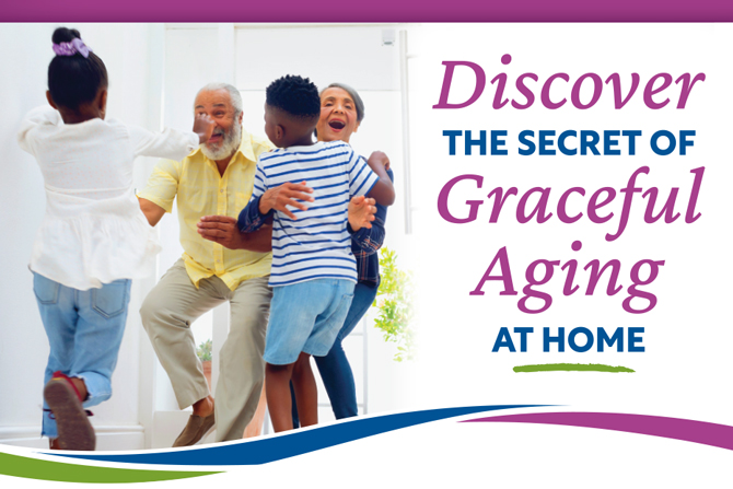 An older man happily embraces two children in a brightly lit home setting. Text reads, "Discover the Secret of Graceful Aging at Home.